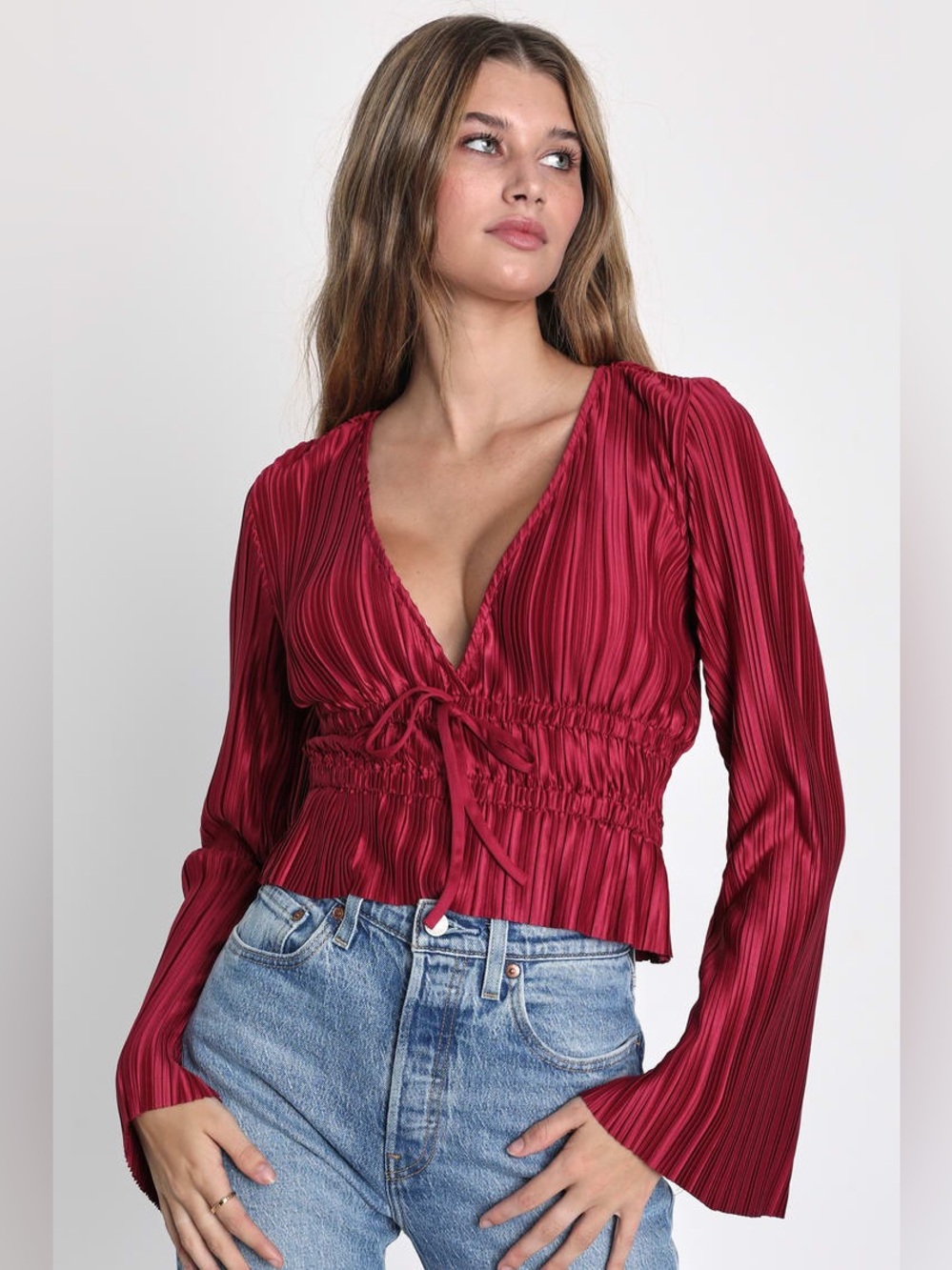 Lulus Staying Optimistic Berry Pink Pleated Bell Sleeve Top xs